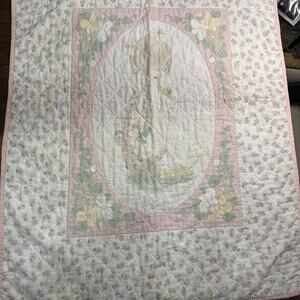 Vintage Precious Moments Pink Baby Blanket Duck Girl White 42x32.5